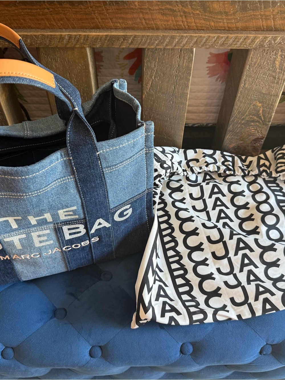 Marc Jacobs The Tote Bag Denim Blue with Tan Handheld Handles (Large)